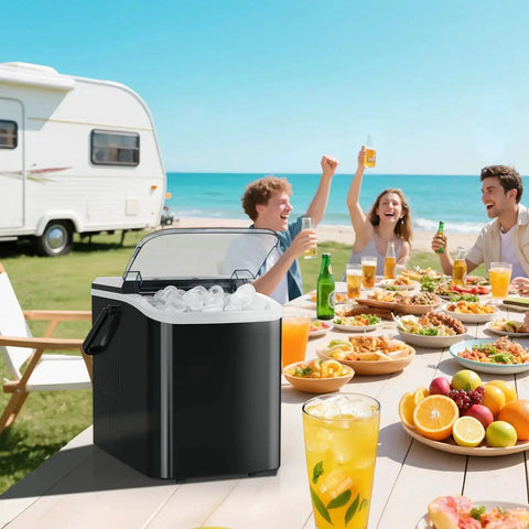 Portable Countertop Ice Maker 26 Lbs Per Day Auto Clean Basket And Scoop on table at outdoor gathering