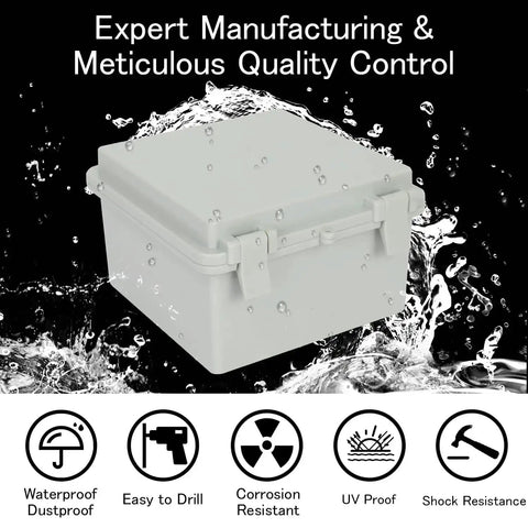 IP65 Waterproof Outdoor Junction Box With Hinged Lid, ABS Plastic Project Box splashing water, highlighting waterproof and durable features.