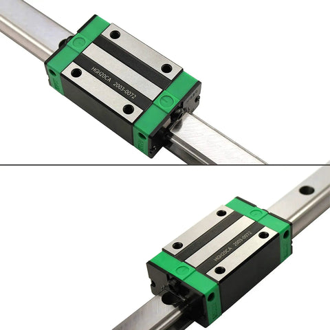 Close-up of HGH20CA carriage block on HGR20 200mm rail for DIY CNC, featuring chrome-plated steel for high rigidity and low friction.