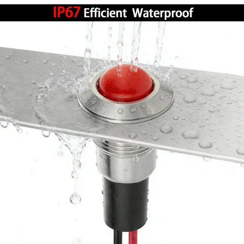 IP67 waterproof 8mm mini indicator light, domed stainless steel 304 LED lamp, red, in use with water exposure