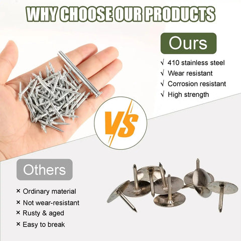 Double Headed Skirting Nails With Six Sleeve Tools For Invisible Seamless Baseboard Installation And Trim, 410 stainless steel nails in hand, compared to other nails.