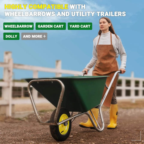 Person using wheelbarrow with 2-Pack 4.80 4.00-8 Inch Tire And Wheel Set For Wheelbarrows Hand Trucks Garden Carts Yard Wagons And Dump Carts