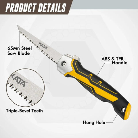 Folding Drywall Jab Saw With Soft Grip Handle For Clean Wallboard Cuts And PVC, 7TPI Triple Teeth 65Mn Steel Blade, Rust Resistant And Ergonomic ABS And TPR Grip, Ideal For Sheetrock Plywood And More KATA