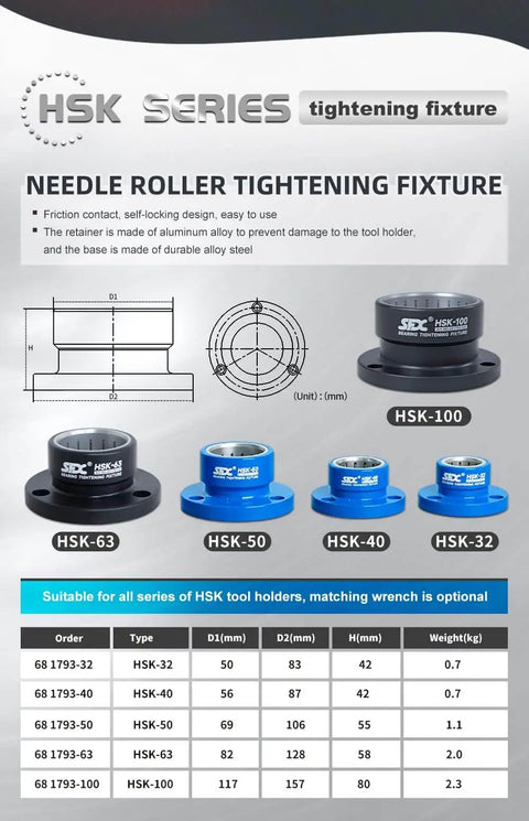 HSK63 Bearing Fixture Tightening Kit for HSK63A to HSK63F, showing needle roller tightening fixtures in various sizes.