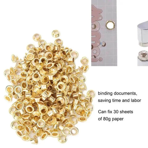 Pile of metal eyelets suitable for 4Mm Round Eyelet Grommet Kit With Single Hole Punch, ideal for crafts and documents
