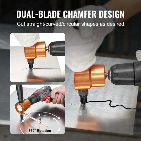 Double Head Sheet Metal Nibbler Cutter With 360 Degree Drill Attachment in use on metal sheet, showcasing dual-blade chamfer design