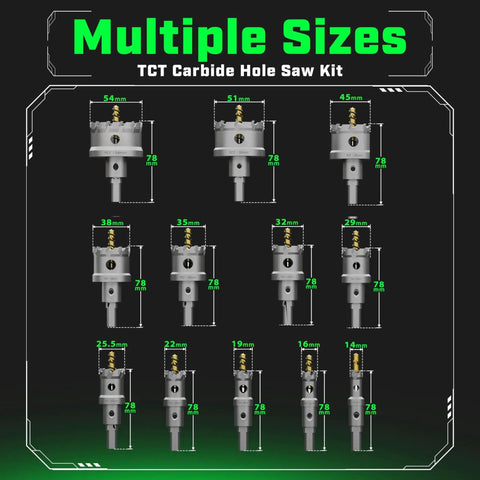 Tungsten Carbide Hole Saw Kit With 22 Pieces For Metal Stainless Steel And Wood, showing 12 sizes. Includes titanium pilot drill.