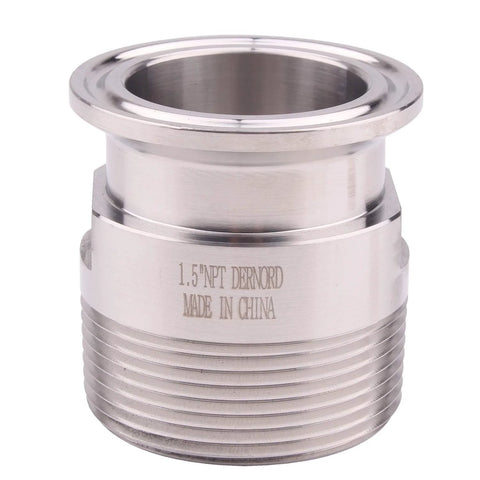 DERNORD 1.5 inch tri-clamp to 1.5 inch MNPT ferrule sanitary pipe fitting, stainless steel.