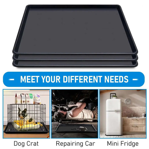 Triple Pack Extra Large Oil Drip Pan 35.4 X 24 Inch Heavy Duty Plastic Drain Tray for home and auto use with dog crate and fridge examples.