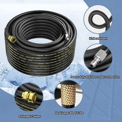 POHIR pressure washer hose, 100 ft, 3/8 in, wire-braided, with 2 quick-connect kits, black, 4200 PSI