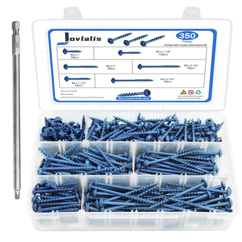350 Piece Pocket Hole Screws Set With Five Sizes Size Eight To Two And A Half Inch Square Drive Coarse Thread Wood Screws With Blue Coated Finish And Included Drive Bit For Outdoor DIY Projects in a plastic organizer