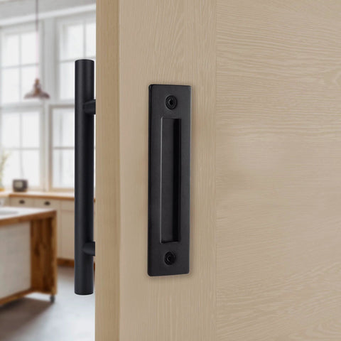Matte Black Barn Door Pull And Flush Mounted Handle Set for Sliding Interior Doors includes hardware on beige door