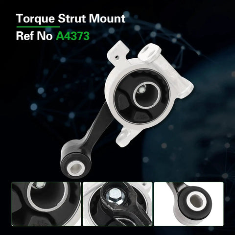 Close-up of torque strut mount, reference number A4373, with black rubber and metal design for vehicle stability.