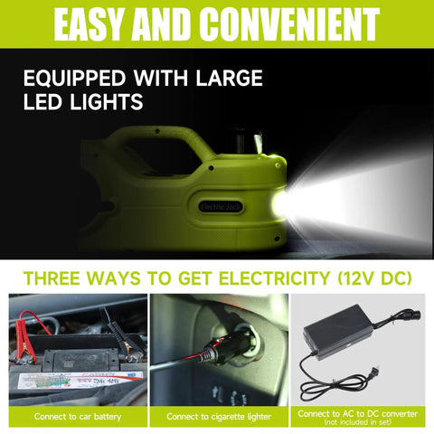Simtamy 12V electric car jack with LED light, 5T hydraulic lift, portable tire changer.