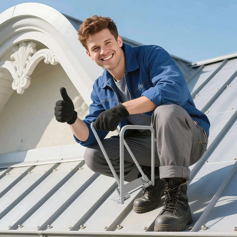 Roofer using Heavy Duty Standing Seam Lock Tool For Metal Roofs And Drip Edges, Fast And Clean Hemming For Roofers And Sheet Metal Pros.