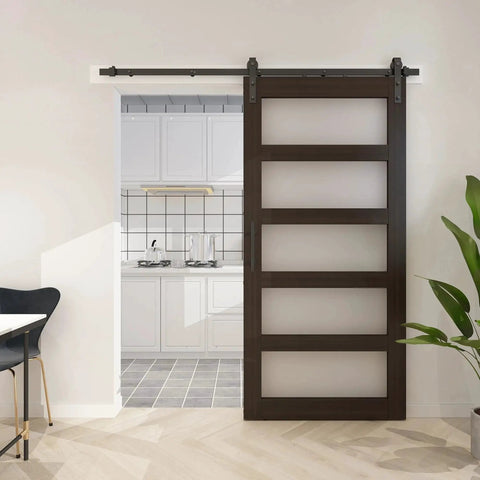 36 Inch By 84 Inch Glass Barn Door With 6.6 Foot Sliding Door Hardware Kit Included And Handle Five Panel Frosted Glass Solid Wood Slab With Waterproof PVC Surface For Privacy And Durability Pre Drilled For Easy Assembly Brown