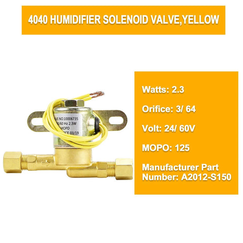Brass humidifier solenoid valve 4040 with yellow coil, two threaded fittings, bracket mount
