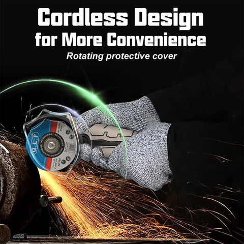 Cordless Angle Grinder Kit 19500 RPM With Two 16.8V 2000mAh Batteries 5 Cutting Discs Mini Electric Grinder Tool For Metal And Wood Handheld Cutter With Fast Charger For Indoor And Outdoor Projects being used to cut metal with visible sparks and rotating protective cover.