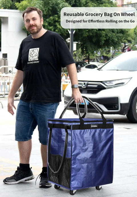 Man using Navy Medium Reusable Grocery Bag On Wheels With 70L Foldable Rolling Tote Carries Up To 66 Lbs with three handles.