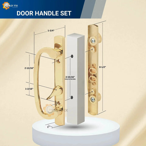 Legacy Sliding Glass Door Offset Latch Gold Handle Set Replacement Eight And One Half Inch Escutcheon Plate Fits Three And Fifteen Sixteenths Inch Screw Hole Spacing And One And Quarter To Two And Quarter Inch Door Thickness Sash Controls 2265 featuring detailed measurements