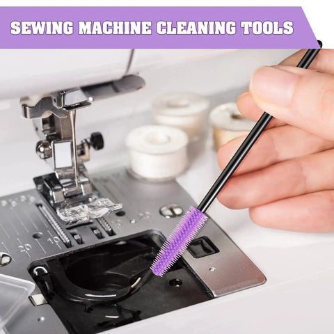 RimCereal sewing machine cleaning brush with purple silicone bristles for cleaning internal and spool area.