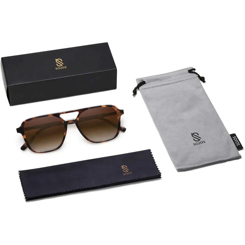Retro Aviator Sunglasses For Women And Men Unisex Trendy Shades With Tortoise Frame And Brown Gradient Lenses UV400 Protection SJ2202 Classic Sun Glasses with microfiber pouch and cleaning cloth.