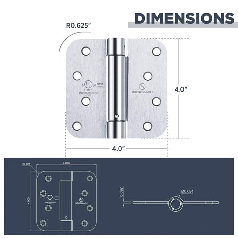 Satin Self Closing Door Hinges Five Eighths Inch Radius Heavy Duty Auto Close Spring Loaded Mortise Hinges UL Listed Commercial Grade Door Hardware Three Pack For Fire Rated And High Traffic Doors dimensions diagram