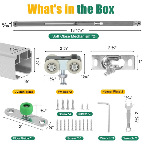 Components of 72 Inch Pocket Door Hardware Kit With Dual Soft Close And Soft Open Sliding Pocket Door Hardware With 6ft Aluminum Track