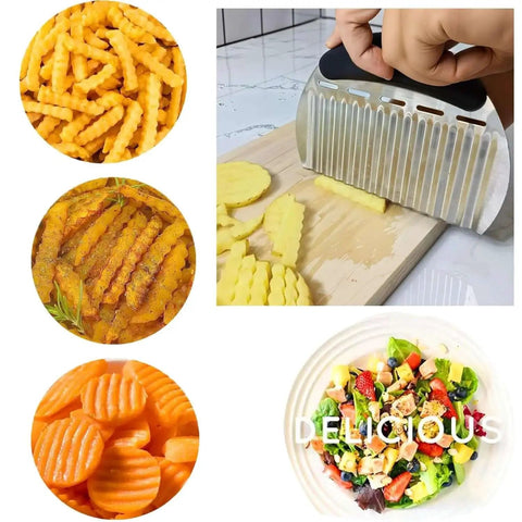 Large Crinkle Cutter for Fries and Veggies, Wavy Potato Slicer With Stainless Steel Blade cutting potatoes and creating wave cuts.