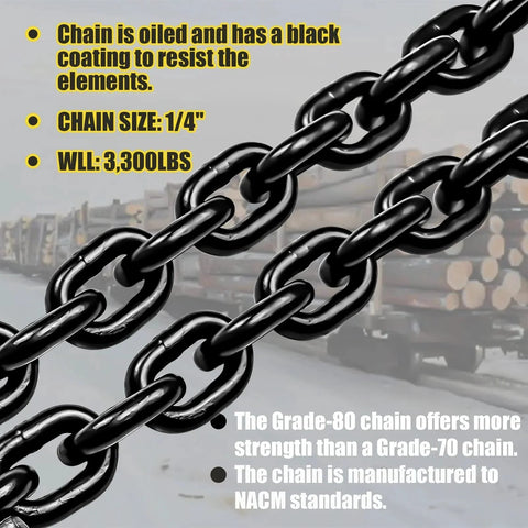 Close-up of black G80 Transport Binder Chain One Quarter Inch Fourteen Feet With Clevis Grab Hooks, 3,300 lbs SWL, on a truck.