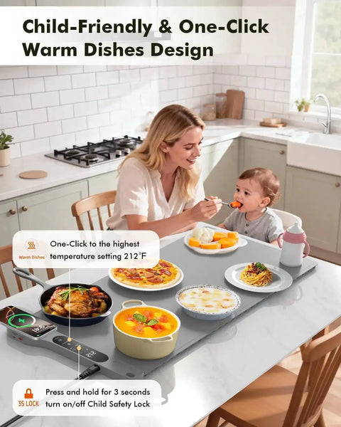 Woman feeding child at table with Roll Up Food Warmer Mat With 15W Wireless Charger And Quick Heat, 7 Temperature Levels, Grey