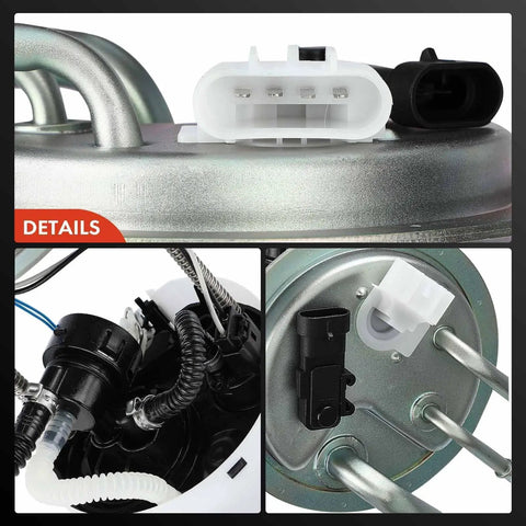 Close-up of Plug-And-Play Electric Fuel Pump Module With Pressure Sensor For Chevy Tahoe, GMC Yukon, And Cadillac Escalade 2004-2007 Gas V8 4.8L 5.3L 6.0L 6.2L Three Tube Ports showing connectors and ports.