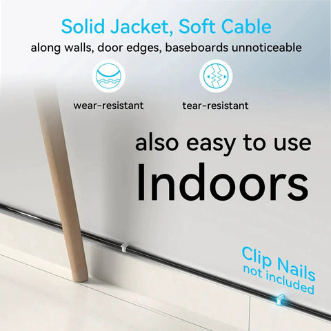 Slim Cat6a Ethernet Cable For Outdoor And Indoor Use, 100ft, along wall indoors, solid jacket, flexible installation guide.