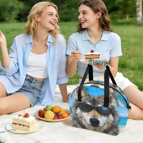 Insulated Lunch Box Tote Cooler Bag With Leakproof Design, Adjustable Shoulder Strap shown at picnic with wolf graphic design