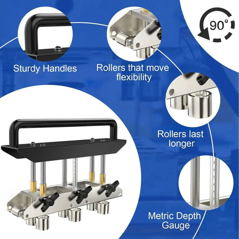 Heavy Duty Adjustable Rebar Bender With Three Station Edge Roller, metal bender showing sturdy handles and metric depth gauge