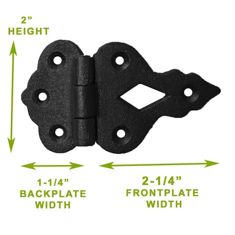 Antique Black Wrought Iron Hoosier Cabinet Hinges With Offset Design, heavy duty size labeled for DIY home upgrades, hardware included.