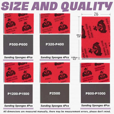 32 Piece Ultra Fine Sanding Sponge Pad Kit With 5 Grit Ranges From 240 To 5000 And 6 Sizes Wet Dry Sandpaper Sheets displayed in grid format.
