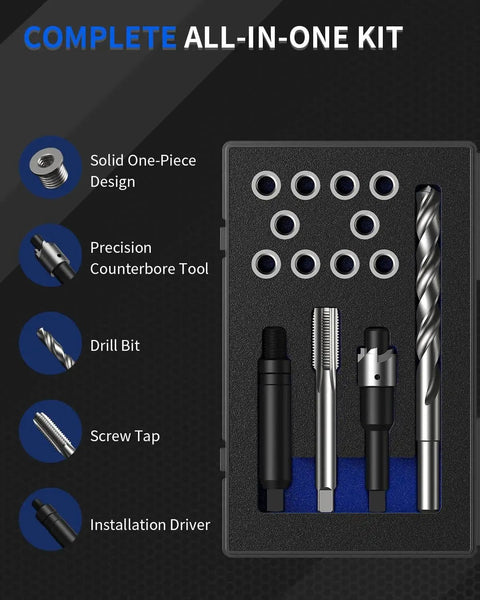M6x1.0 Thread Repair Kit With HSS Drill Tap Counterbore And Driver 10 Inserts in box showing tools and inserts