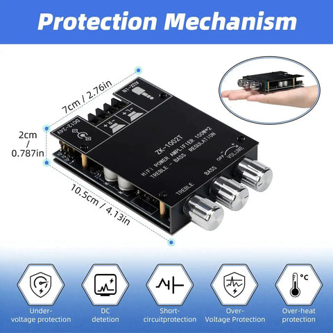 Beefy Bluetooth 5.0 HiFi Stereo Amplifier Board With 100W Per Channel Subwoofer Ready Treble And Bass Control AUX Input DC 12V to 24V Ideal DIY Speaker Upgrade And Home Audio System showing size and protection features.