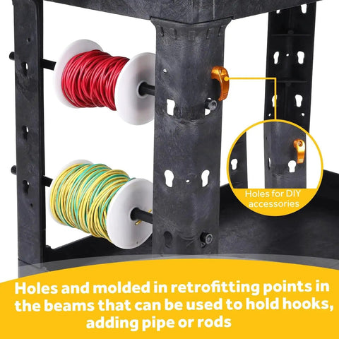 Heavy Duty Plastic Utility Cart With Deep Shelves And Full Swivel Wheels showing retrofitting points for hooks or rods