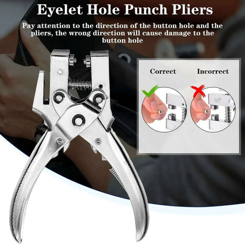 Eyelet hole punch pliers with instructions for correct use and warning against incorrect direction.