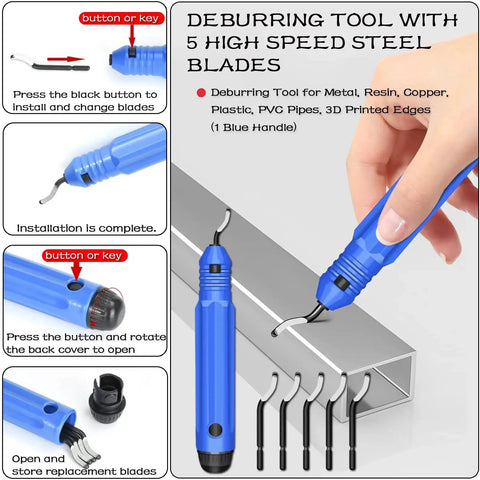 Blue deburring tool with high-speed steel blades showing usage on metal pipe edges with installation instructions.