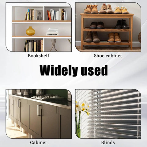 8 Piece Black Metal Cabinet Door Damper Pins Spring Loaded Telescopic Pivot Pins For Cabinet Doors And Shutters Furniture Repair And Maintenance Kit For Quick Home Repairs, showcasing bookshelf, shoe cabinet, regular cabinet, and blinds usage