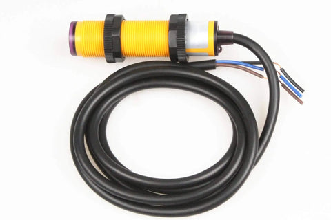 Rugged Proximity Photoelectric Sensor Switch E3F DS10P1 with 10 cm detection range, diffuse reflection infrared sensor, 3-wire PNP NO output.
