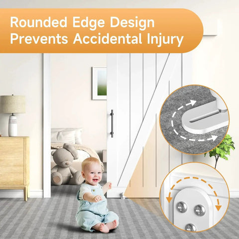 Baby in room with sliding barn door, showcasing 2 Pack Sliding Barn Door Floor Guide With Adjustable Rollers Durable Aluminum Barn Door Hardware