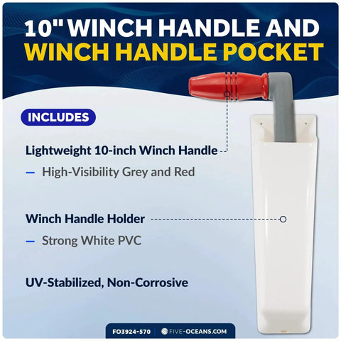 Five Oceans 10-inch floating winch handle in grey and red with white pocket holder (front view)