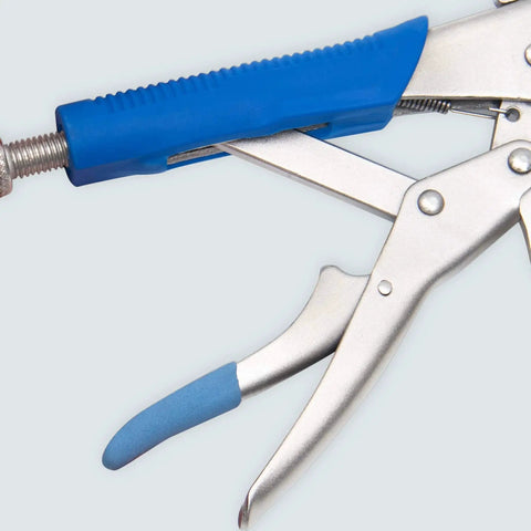 Close-up of 10 Inch Welding Pipe Pliers With Locking C Clamp And Large Adjustable V Pads, featuring ergonomic grip and fast release trigger