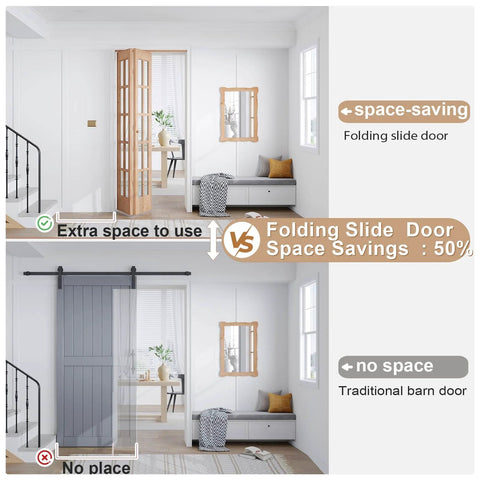 Comparison of space-saving bifold closet door and traditional barn door installation in modern interior setting.