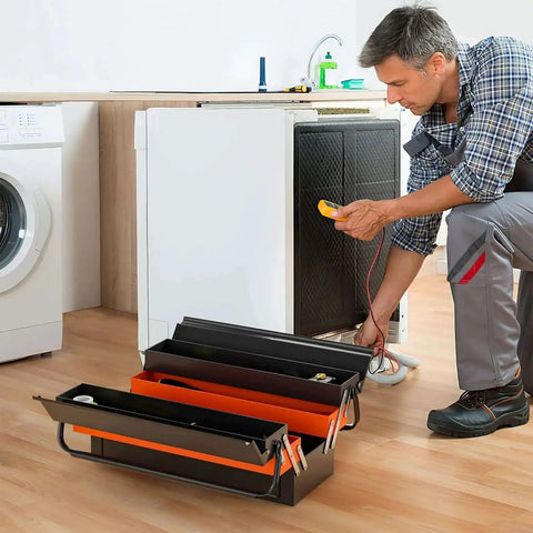 22-Inch Cantilever Tool Box With 5 Trays And 3 Layers open, showing tools, in a kitchen with a man repairing an appliance