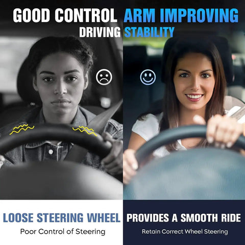 Side-by-side comparison of steering control with loose and stable steering wheels, illustrating driving performance improvement.
